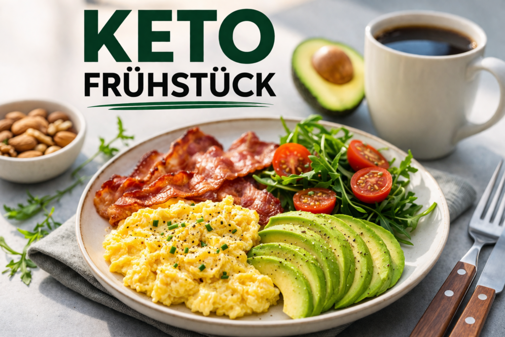 Keto Frühstück mit Ei, Avocado, Speck und Kaffee