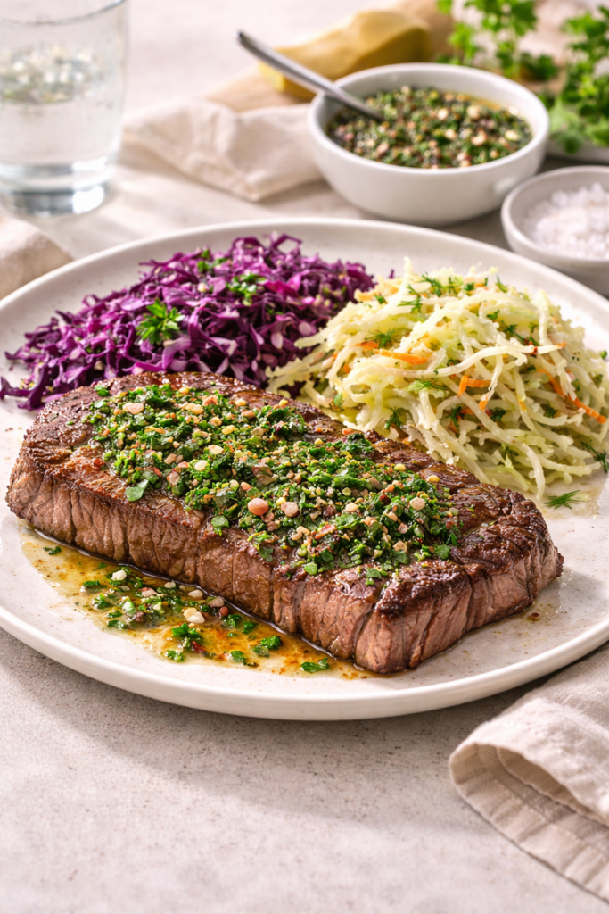 Chimichurri auf einem Steak Großer Teller beilage auf dem Teller Rotkraut und Weisskraut