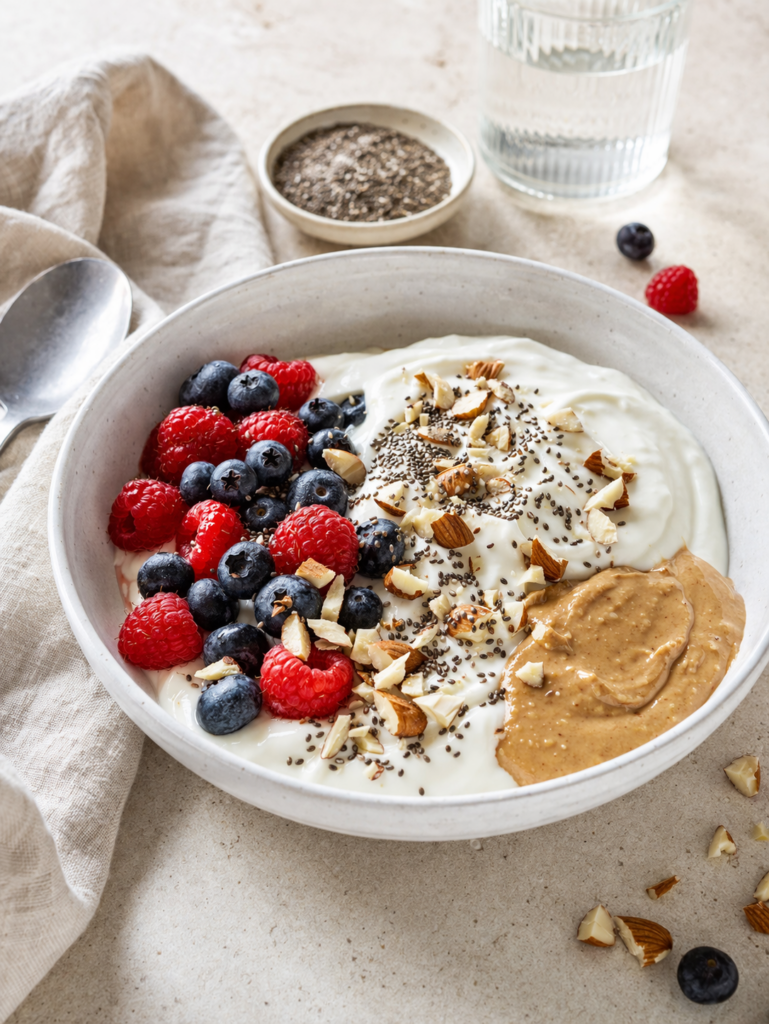 Keto Skyr Bowl mit Beeren Nussmus und Samen
