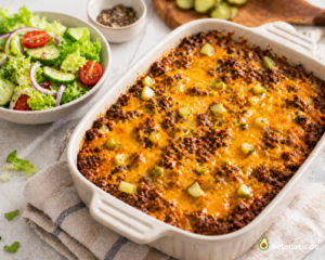Keto Cheeseburger Auflauf mit Hackfleisch, Käse und Gewürzgurken